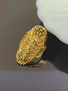 1枚精致镂空金色四叶花及邪眼十字架设计戒指，复古花卉图案戒指，情人节礼物（送给她） - 款式14-B - 查看 2