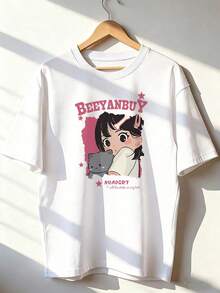 Stylish And Kawaii Short-Sleeve T-Shirt, A  Short-Sleeve T-Shirt For Spring And Summer 2026, Made In Mexico, 180 Grams. Cartoon Print, Couple Design, Suitable For Indoor Or Outdoor Wear. Crew Neck, Unisex, Ideal For The Office And Leisure. One-Pack. - WH-P631577SLNDXZGY569 - 查看 1