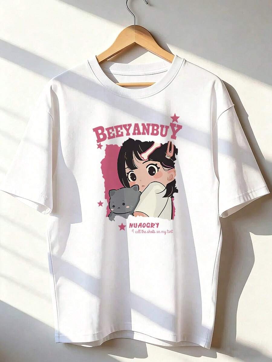 Stylish And Kawaii Short-Sleeve T-Shirt, A Short-Sleeve T-Shirt For Spring And Summer 2026, Made In Mexico, 180 Grams. Cartoon Print, Couple Design, Suitable For Indoor Or Outdoor Wear. Crew Neck, Unisex, Ideal For The Office And Leisure. One-Pack. - WH-P631577SLNDXZGY569 - 查看 1