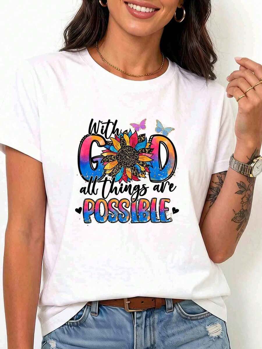 Women's Short-Sleeved White T-Shirt With Vibrant Lettering, Urban And Modern Style - Putih - View 1
