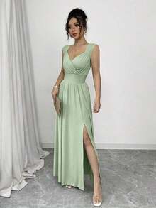 Vestido largo con cuello en V de encaje elegante francés, cintura fruncida y abertura lateral en estilo A, color caqui, adecuado para uso diario, banquetes, bodas, primavera/verano - verde menta - Ver 5