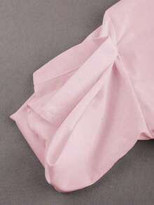Blusa casual, de oficina y para ir al trabajo, de unicolor con cadena, hombros descubiertos, cintura plisada y bajo asimétrico, adecuada para primavera, verano y otoño - Rosa - Ver 4