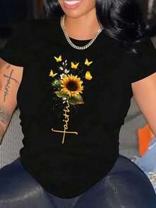 Camiseta de verano con estampado de girasoles Faith, blusa versátil de manga corta y cuello redondo para mujeres. 1  Sexy  Casual  Dulce  Fiesta  Elegante    Blusa básica con hombro caído  Playa  Noche de fiesta  Vacaciones  Oficina  Casa  Jardín  Diario  Fiesta de Cumpleaños  Luna de bebe  Concierto de música country  Escenario y concierto    verano - Negro - Ver 1