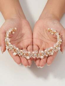 1 pieza Tocado nupcial de perlas y cristales dorados, corona de boda elegante con strass, accesorio para el cabello de boda con strass brillante - Dorado - Ver 10