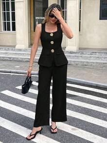 Conjunto de 2 piezas para mujer compuesto por chaleco con botones grandes de metal de unicolor y pantalones, estilo de "dinero antiguo" para vestir diario, atuendo de verano para mujer, conjuntos de 2 piezas, ropa de verano para mujer, casual de negocios - Negro - Ver 6