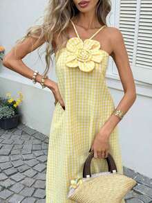 YHHSylviya Vestido maxi con abertura y estampado floral 3D en escote halter, vestido de verano de color amarillo mantequilla para mujer, atuendos de verano, atuendos de vacaciones, atuendos de playa, vestidos de graduación, ropa de verano, vestidos de vacaciones, vestidos de playa, ropa de vacaciones, estilo bohemio, atuendos para salir, vacacionesYHH - Butter Yellow - Ver 7