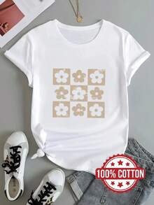 Women's T-Shirt, Beige And White With Daisy Floral Print, Short Sleeves, Fashionable Printed T-Shirt, 100% Cotton, Round Neck, Short Sleeves, Loose Fit With Dropped Shoulders, Sweat-Absorbing And Breathable, Comfortable Casual Home Wear, Suitable For Layering In Autumn And Winter, Or As An Outer Garment In Spring And Summer, Versatile Short-Sleeved Sports T-Shirt, Breathable And Sweat-Absorbing That Simplifies Daily Clothing Options. - 白色 - 查看 2