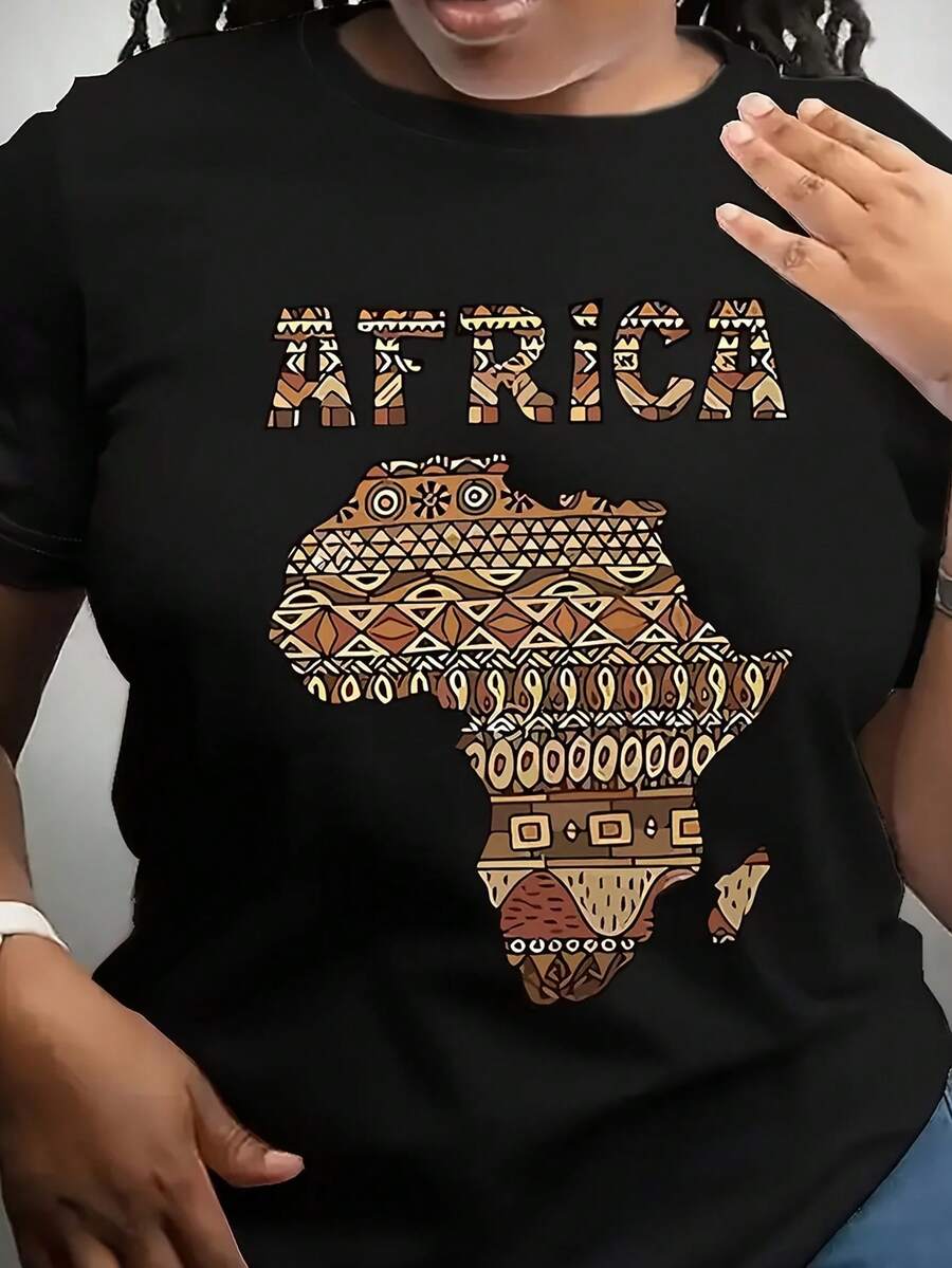 1 Women's Casual Crew Neck T-Shirt - Africa Map Design, Geometric Pattern, Short Sleeves, Lightweight, Suitable For Spring, Summer, And Autumn, For Everyday Wear. | Africa Map T-Shirt | Lightweight 180g 100% Cotton T-Shirt - 黑色 - 查看 1