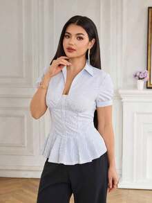 Camisa de mujer con estampado de líneas y nudo delantero de manga corta - Beis - Ver 3