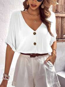 Camisa suelta de verano para mujer con botones, mangas cortas de murciélago y cuello en V de unicolor - Blanco - Ver 7