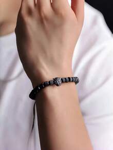 1pc Luxury Stainless Steel Leopard Decor Braided Rope Bracelet, Suitable For Daily Wear, Can Be Given As A Gift To Boyfriend, Friend, Birthday Party (Bead Quantity Randomly Matched Combination) - Leopard Bracelet - View 3