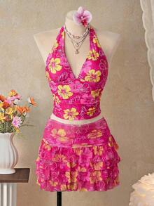 Women's Sexy Polka Dot Print Tie-Neck Tankini Swimsuit With Open Back, Suitable For The Beach And Vacation - Rosa - 查看 4