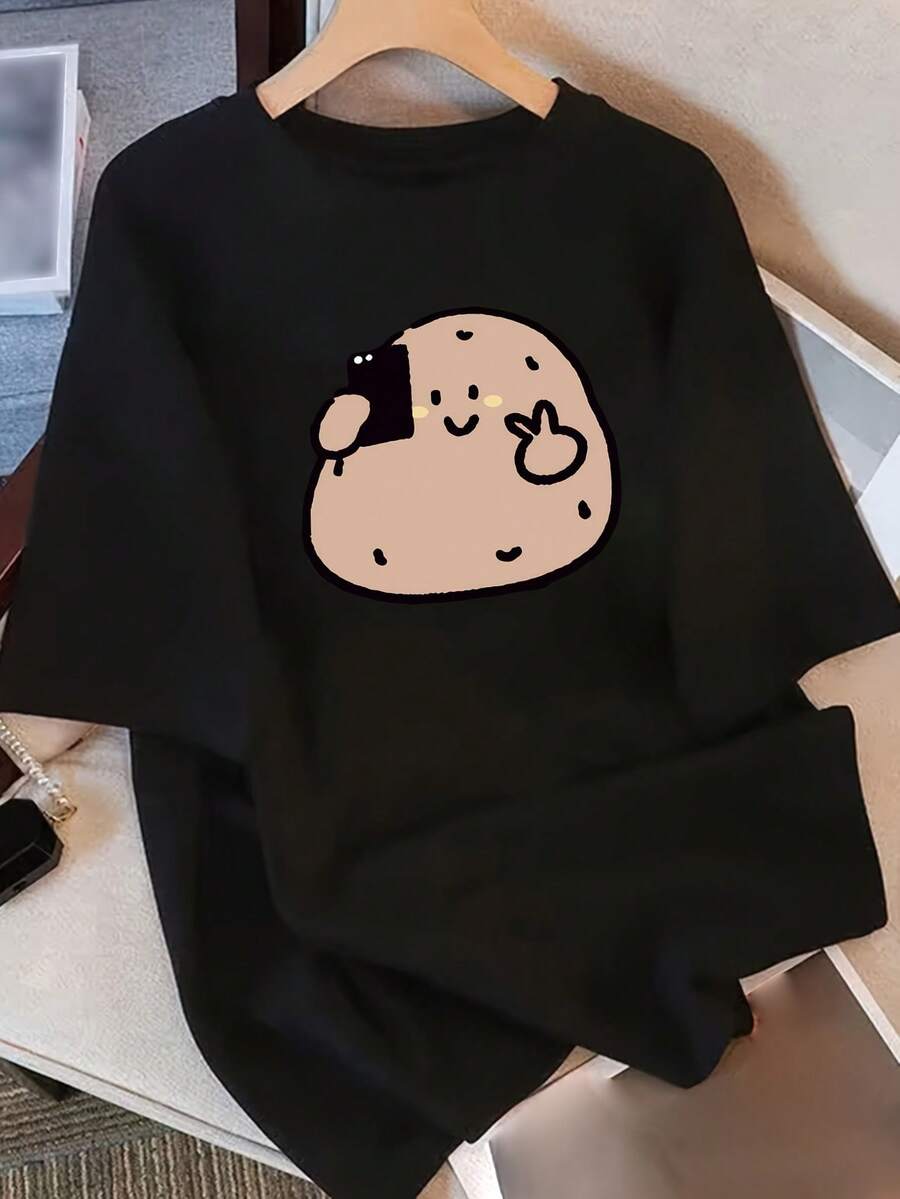 Camiseta Pura para Mujer Manga Corta Diseño de Nicho y Estampado 2025 Verano Nuevo Top Holgado de Manga Media y Ajustado para Mujer - Negro - Ver 1