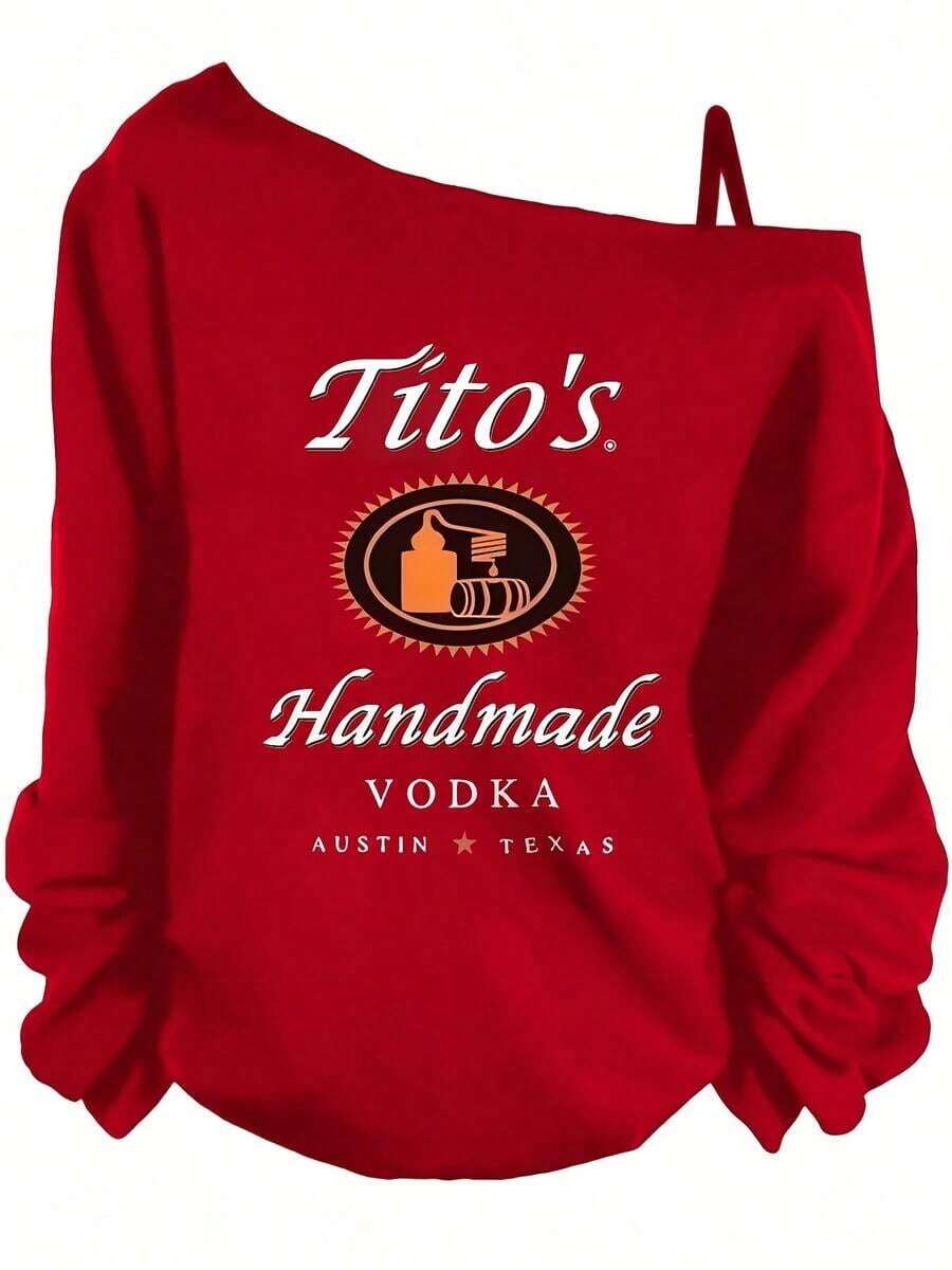 [Popular Summer European And American Fashion Items] Women's Asymmetrical One-Shoulder Long Sleeve, Summer Sweatshirt -Tito's Handmade Vodka Austin ★ Texas Off - The - Shoulder Sweatshirt, Black With White & Orange Text Logo, Stylish Casual Pullover For Outfits - Hoodies For Women,Valentine Outfits For Women,Vacation Outfits Women,Valentine's DaySuitable For Women's Summer Sun Protection, Dating, Graduation Season, Independence Day, And Other Daily Activities - 紅色 - 查看 1