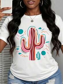 ropa de mujer Camiseta con estampado de cactus colorido para mujer, top casual de verano, manga corta, cuello redondo, camisas de mujer - Blanco - Ver 2