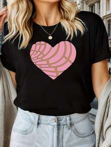 Camiseta con Estampado de Letras Rosadas y Diseño Floral Bonito, Cómoda y Versátil, Cuello Redondo, Corte Regular tops de mujer camisetas - Estilo - Ver 1