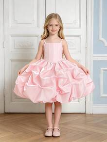 Vestido de princesa elegante de tul con tirantes de satén para niñas jóvenes, adecuado para recitales de piano, ceremonias de graduación, no incluye diadema - Rosa Pálido - Ver 3
