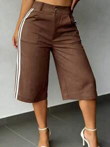 Women's Woven Bermuda Shorts Side Stripe Utility Details Straight Leg Non-Stretch Solid Color Cargo Shorts Brown Summer - Brown - View 1