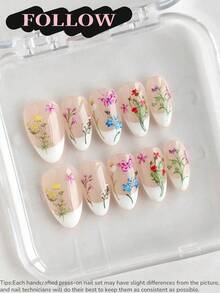 10pcs Handmade Short Almond-Shaped Nail Stickers, Elegant Nude French Manicure Style With Floral Pattern, Suitable For Women's Daily Commute, Party And Office Attire, Reusable Nail Art Set With Manicure Tools - Multicolor - View 2