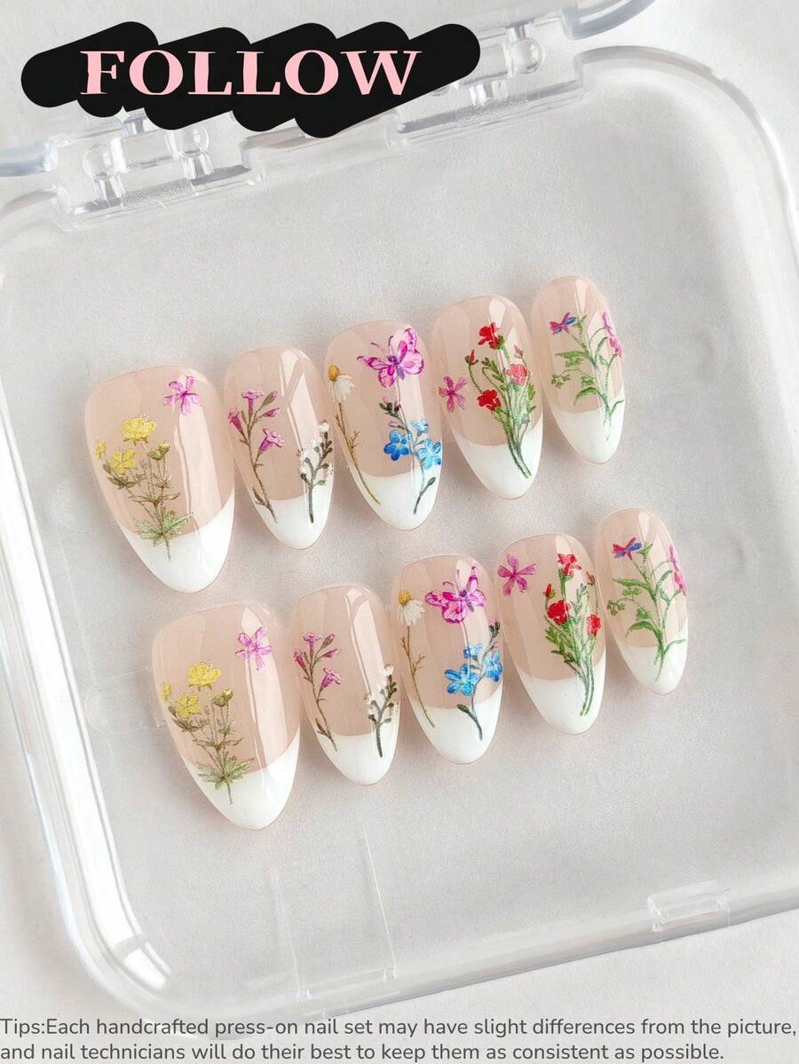 10pcs Handmade Short Almond-Shaped Nail Stickers, Elegant Nude French Manicure Style With Floral Pattern, Suitable For Women's Daily Commute, Party And Office Attire, Reusable Nail Art Set With Manicure Tools