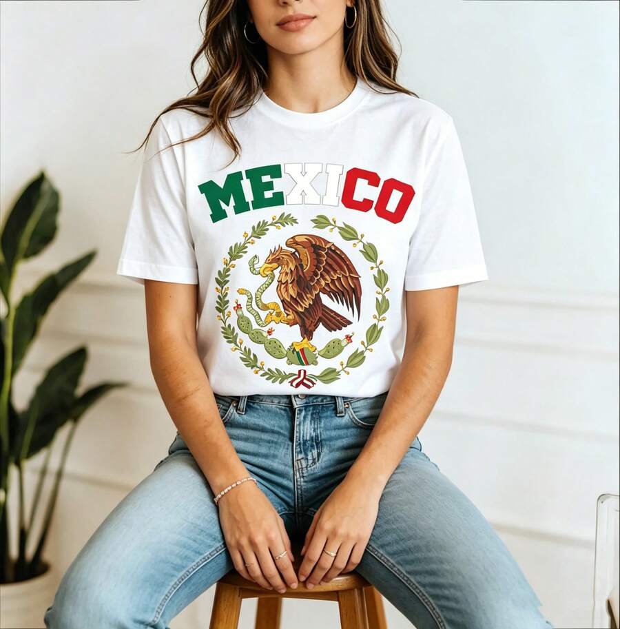 Vintage T-Shirt With The Coat Of Arms Of Mexico, Mexico T-Shirt, Mexican Coat Of Arms, Mexican Flag, Mexican National Pride, Eagle Pattern Sweatshirt, Mexican Flag T-Shirt P-605Fashion - 白色 - 查看 1