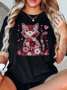 Algodón Camiseta Divertida Para Mujer Feliz Día De San Valentín Con Gatos. % Algodón. Manga Corta Negra Estampada Por Una Sola Cara. Regalo De San Valentín Para Familia Y Amigos (Tallas S-). 1 Unidad. Peso De La Tela: 180 G. Blusas Para Mujer Camisa - Negro - Ver 1