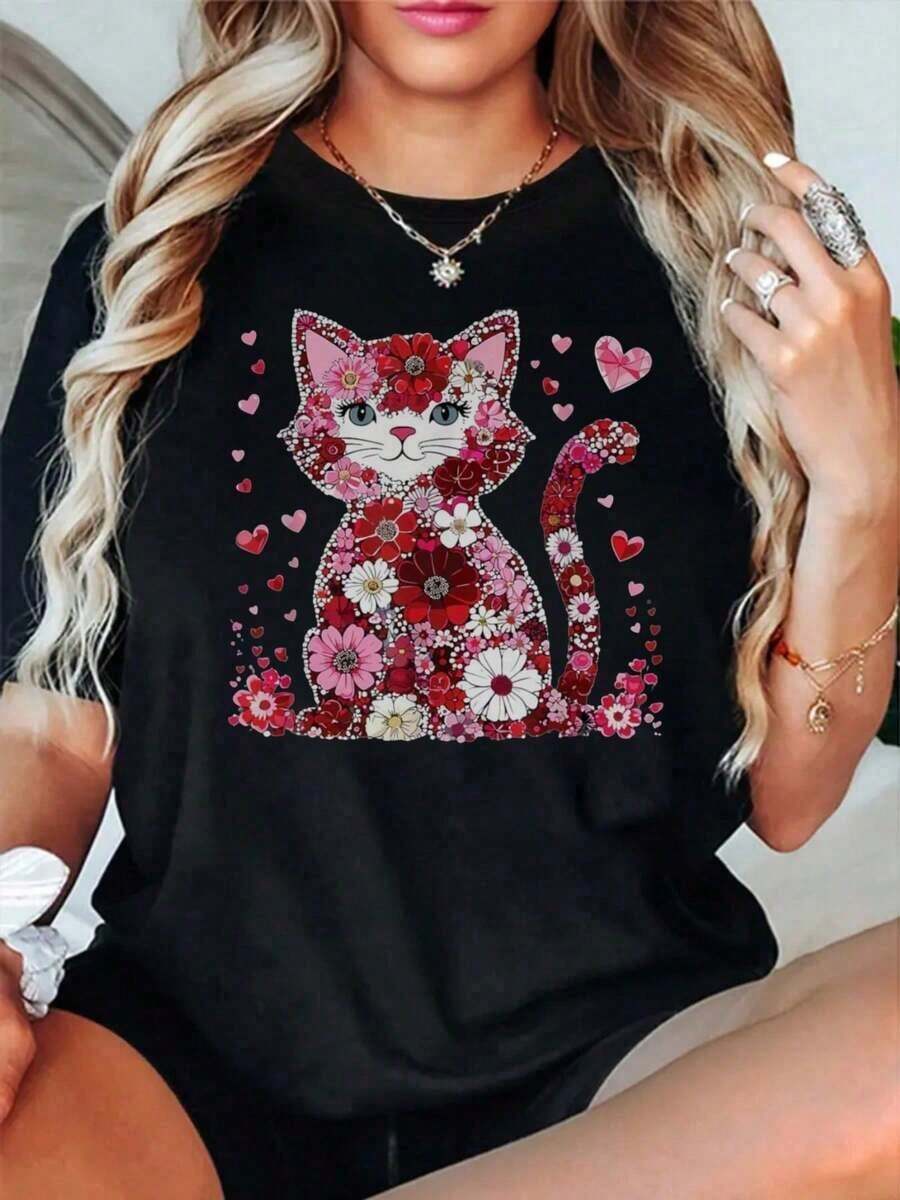 Algodón Camiseta Divertida Para Mujer Feliz Día De San Valentín Con Gatos. % Algodón. Manga Corta Negra Estampada Por Una Sola Cara. Regalo De San Valentín Para Familia Y Amigos (Tallas S-). 1 Unidad. Peso De La Tela: 180 G. Blusas Para Mujer Camisa - Negro - Ver 1