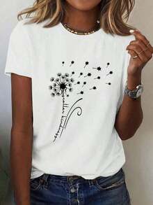 blusas para mujer Camiseta de manga corta para mujer, estampada con diseño floral de diente de león, cuello redondo, estilo casual, elegante, sencilla y versátil. Transpirable y no sofocante, suave y lisa, de alta calidad, adecuada para deportes y fitness, uso diario, vacaciones, oficina, escuela y reuniones. Adecuado para primavera, verano y otoño - Blanco - Ver 1