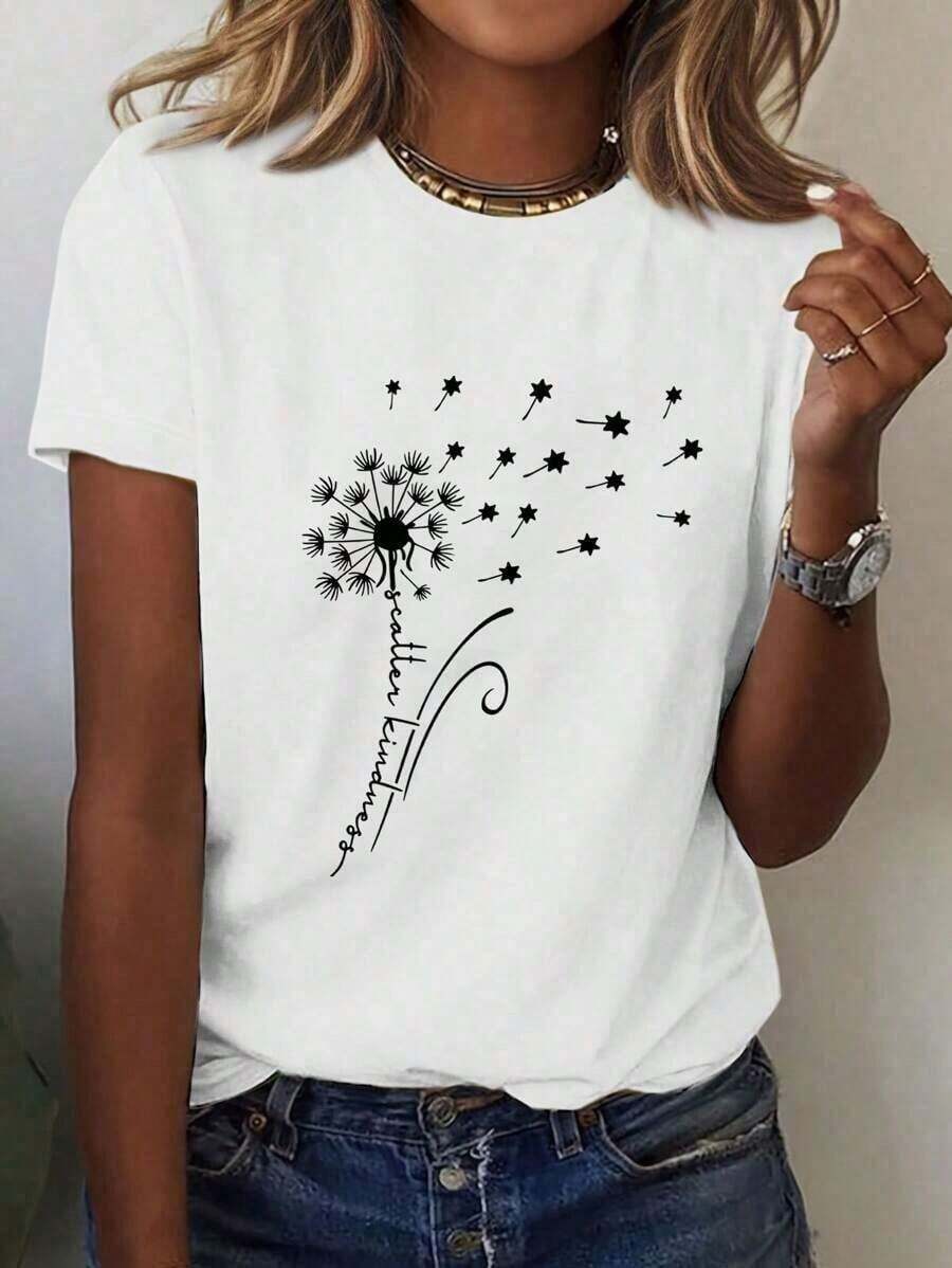blusas para mujer Camiseta de manga corta para mujer, estampada con diseño floral de diente de león, cuello redondo, estilo casual, elegante, sencilla y versátil. Transpirable y no sofocante, suave y lisa, de alta calidad, adecuada para deportes y fitness, uso diario, vacaciones, oficina, escuela y reuniones. Adecuado para primavera, verano y otoño - Blanco - Ver 1