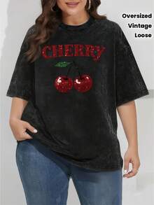 Plus Size, Women's Plus Size Vintage Cherry & Sweet Lettering T-Shirt - Oversized Loose Fit Casual Blouse, Spring Summer Wardrobe Essential, Comfortable Casual Attire for Curvy Women ( Sizes) - Machine Washable Tunic Top 10/10 for Plus - Negro - Ver 1