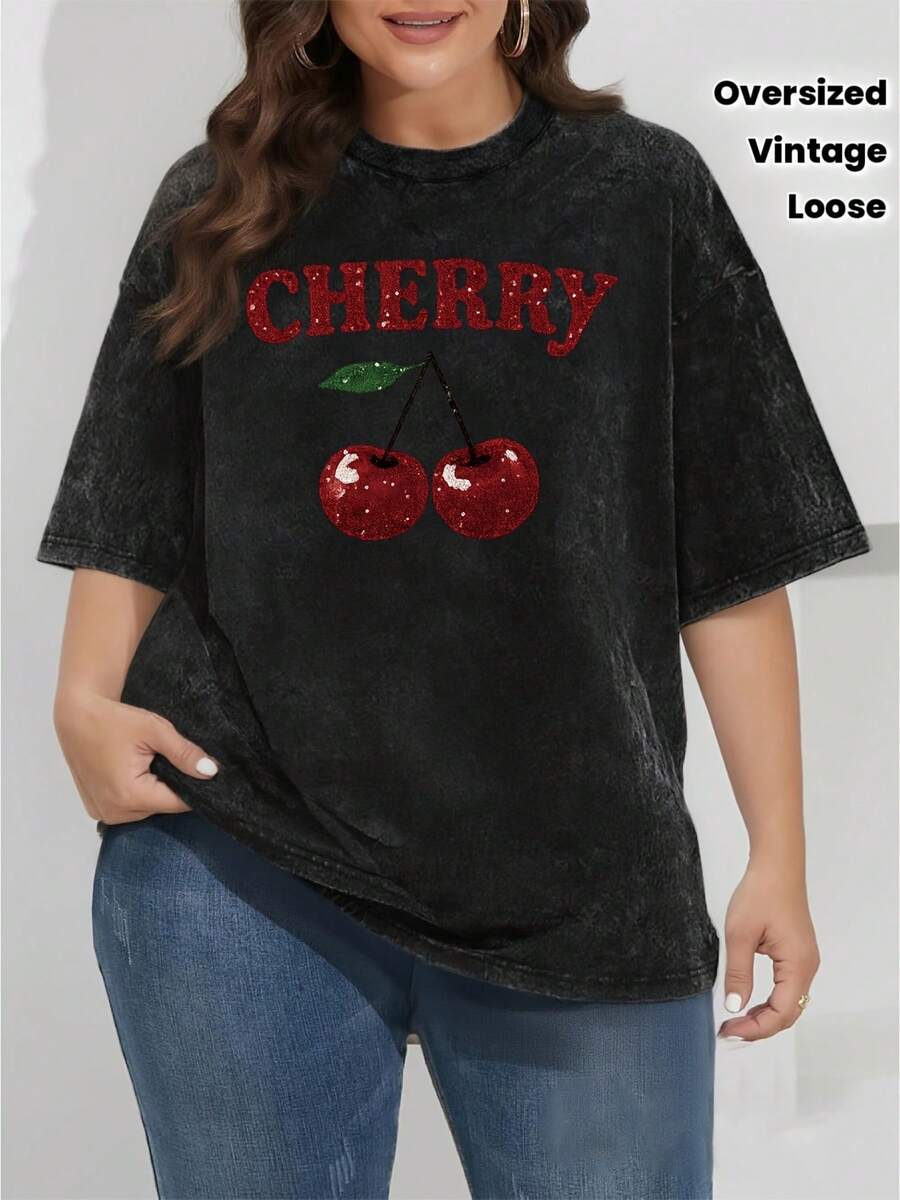 Plus Size, Women's Plus Size Vintage Cherry & Sweet Lettering T-Shirt - Oversized Loose Fit Casual Blouse, Spring Summer Wardrobe Essential, Comfortable Casual Attire for Curvy Women ( Sizes) - Machine Washable Tunic Top 10/10 for Plus - Negro - Ver 1