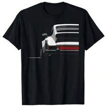 Camiseta estampada de algodón puro de 180 g/m² con diseño de silueta de coche de carreras legendario. Tejido de algodón transpirable, textura de punto cómoda y suave. Duradera y fácil de limpiar. Lavable a máquina. Ideal para entusiastas de los coches. Aspecto elegante y deportivo. - Negro - Ver 1