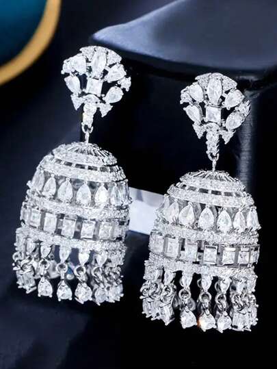 1 Pair Beautiful Cubic Zirconia Bell-Shaped Dangle Earrings, Designed For Women, Suitable For Weddings, Engagements, Anniversary Parties, Valentine's Day Gifts