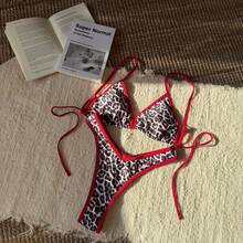 Nuevo traje de baño sexy de dos piezas con estampado de leopardo para mujer, bikini de tirantes triangulares para mujer - Rojo anaranjado - Ver 8