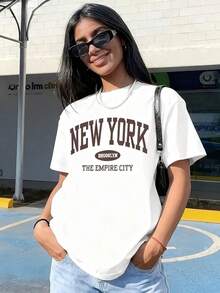 Camiseta Holgada Sencilla Mujer Estilo Moderno Camisetas Gráficas para Mujer: Camiseta Estampada NEW YORK BROOKLYN THE EMPIRE CITY|   Transpirable, ligera, cómoda, camiseta casual de cuello redondo, ideal para primavera/verano, moderna y elegante.100% algodón.Camiseta Mujer Estampado Gráfico  Verano 2026 - Blanco - Ver 3