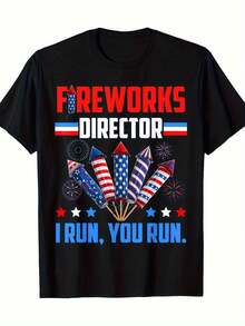 Men's Patriotic 4th Of July T-Shirt - "Fireworks Director, I Run, You Run" Design, Featuring An American Flag Pattern, Rockets, And Fireworks. This Comfortable Short-Sleeved Cotton T-Shirt Is Suitable For Independence Day Celebrations, Barbecue Parties, Parades, And Beach Wear. It Features An American Geometric Pattern And Is Perfect For Barbecues. - 黑色 - 查看 8