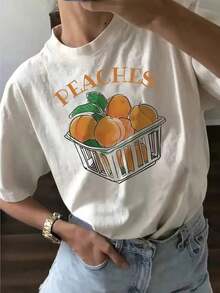 Plus Size Women's Casual Short Sleeve Crew Neck T-Shirt - Fun Peach Basket Print, Lightweight And Breathable Fabric For Spring And Summer, Hand Wash, Loose Fit, Fun Design, Easy Care Material. Women's 2026 Concert And Festival Wear - Unisex Cotton Short Sleeve Crew Neck T-Shirt, Vintage Urban Style. - 白色 - 查看 7