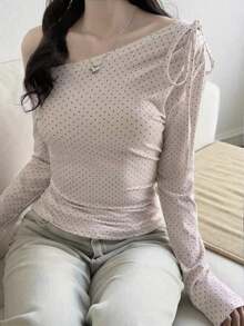 Blusa de manga larga de punto a lunares rosas, estilo coreano, con lazo en un hombro, adecuada para uso casual, en casa, calle y uso diario en primavera - Rosa - Ver 9