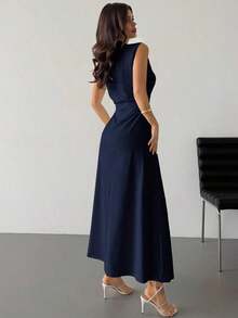 Vestido maxi de línea A con cuello alto, sin mangas, con volantes, elegante y romántico, color blanco, adecuado para citas, uso diario y el trabajo - Azul marino - Ver 3