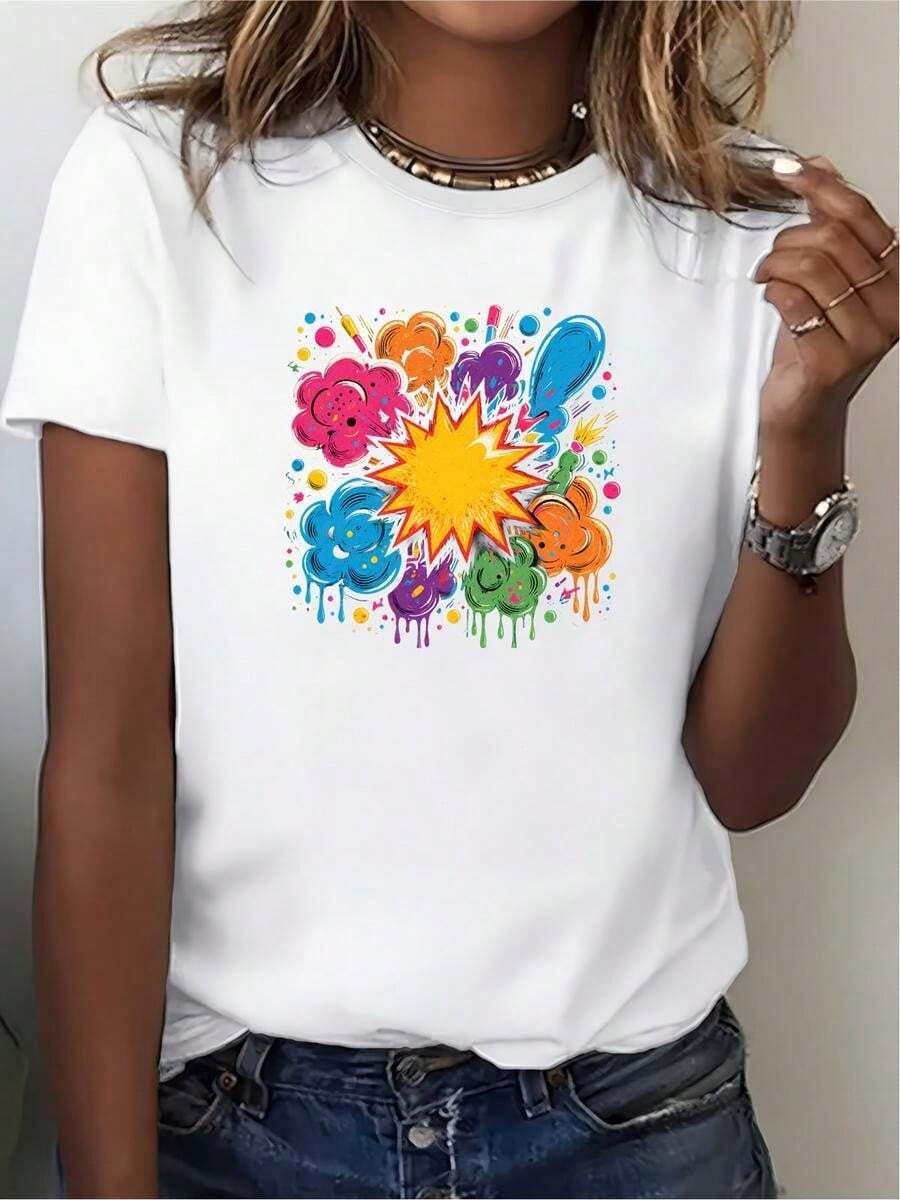 1 pieza, camiseta de manga corta de algodón puro clásica y versátil, adecuada para usar en cualquier estación, con dise?o original de dibujos animados moderno y estilo elegante - Blanco - Ver 1