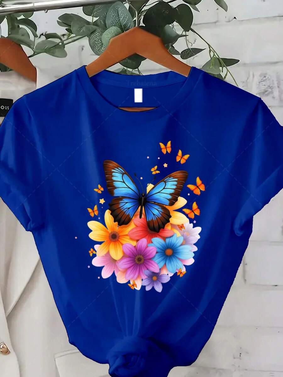 Talla Grande - Talla Grande - Camiseta con estampado de mariposas y flores coloridas, adecuada para mujeres de talla grande, es la elección perfecta para la moda casual de verano.Esta camiseta de manga corta y cuello redondo es perfecta para el verano y el otoño, lo que la convierte en un excelente regalo para el Día de Acción de Gracias y Navidad. Camiseta de Verano Fresca para Mujer - Azul 1 - Ver 1