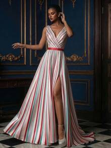 Women's Sleeveless V-Neck Striped Maxi Dress, Flared Hem, High Slit Design, Suitable For Formal Evening Wear Pink Wedding - Pink - View 4