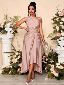 Vestido largo de punto elástico morado, cómodo y elegante para ocasiones de fiesta y citas, con detalles recogidos, cuello asimétrico y bajo asimétrico con abertura, para mujer, de primavera y verano - Rosa - Ver 6