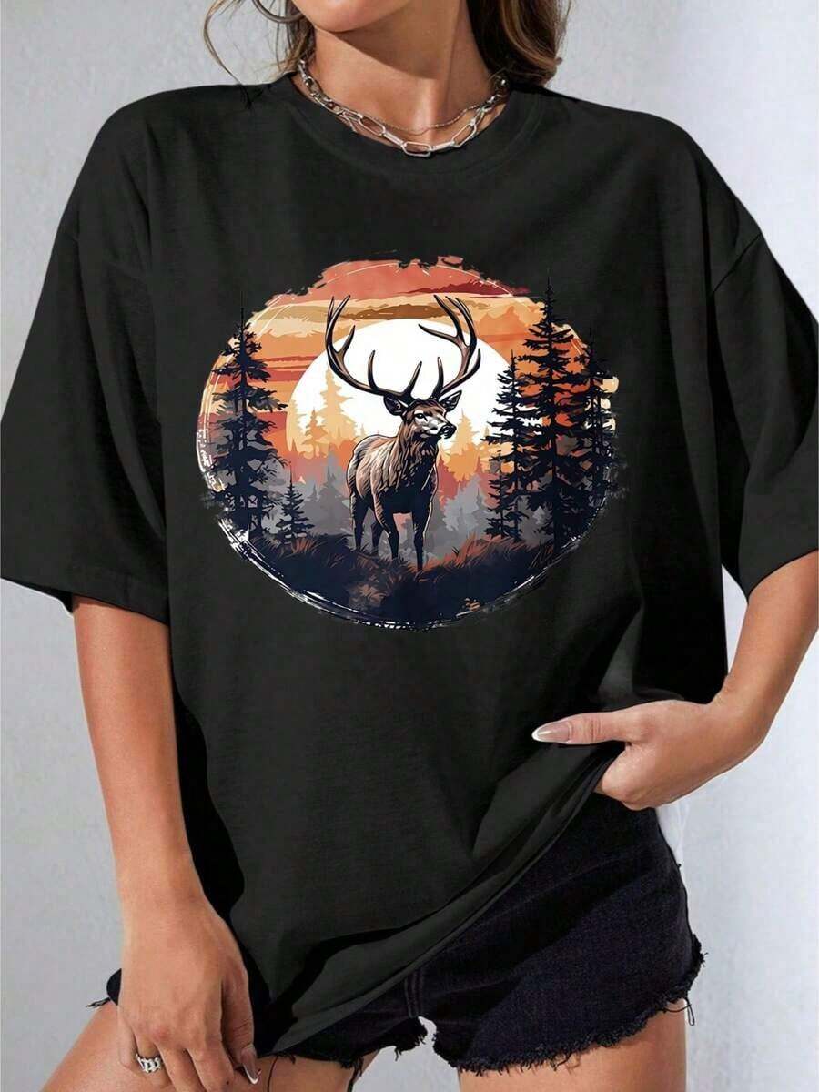 Black And White T-Shirt For Girls, Oversized T-Shirt With White Deer In The Forest At Sunset Print, Casual Outdoor Wear, Printed T-Shirt For Outdoor Parties, 180g - 黑色 - 查看 1