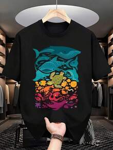 Loose-Fitting T-Shirt With A Graphic Print Of Sea Creatures, It's A Perfect T-Shirt To Give To Friends And Family At Any Party Or Festive Occasion, 220g - 黑色 - 查看 2