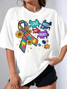 Black And White T-Shirt For Girls, Autism Awareness T-Shirt With White Puzzle Print, Ribbon, Sunflower And Love, "No Words Needed", Casual Clothing For Support And Awareness, Casual Printed T-Shirt For Outdoor Parties, 180g - 白色 - 查看 7