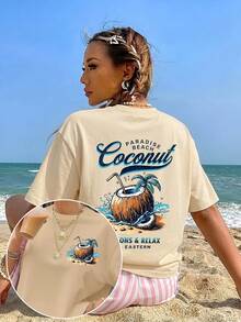 Camiseta de manga corta informal para mujer, estilo retro americano, para vacaciones de verano en la playa, 100% algodón, holgada, con estampado doble de palmeras, olas de coco y el paraíso en la playa en la parte delantera y trasera. Camiseta de manga corta transpirable para mujer adulta, ideal para la temporada de regreso a clases, adecuada para actividades al aire libre, regalo ideal. - Negro - Ver 10