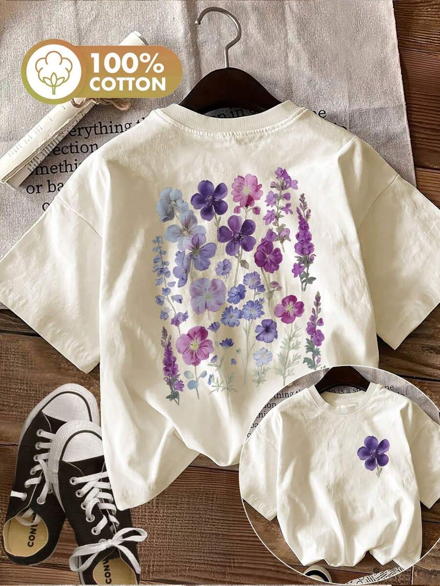Limited Edition [Double-Sided Print] Women's Summer Casual T-Shirt, Floral Press Style, Blue And Purple Flower Print, Round Neck, Short Sleeve, Lightweight Cotton [Ling K] - 杏色 - 查看 1
