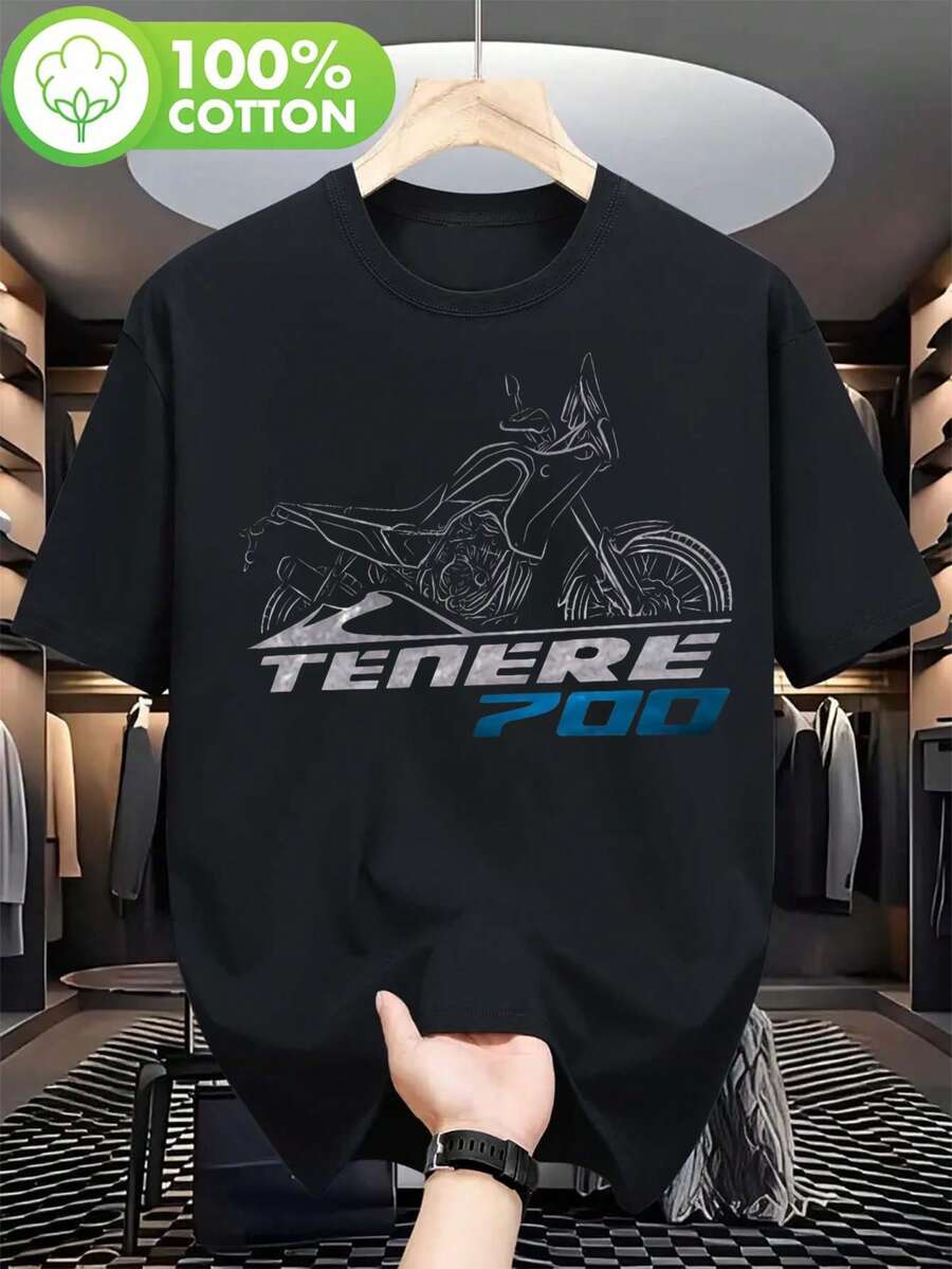 Tenere 700 Unisex Motorcycle T-Shirt, ADV Biker Design With 700 Logo, Comfortable Short-Sleeve Crew Neck Cotton T-Shirt, Regular Fit, Casual Outdoor Motorcycling Clothing For Enthusiasts, Spring, Summer And Autumn Wear - 黑色 - 查看 1