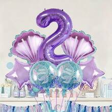 7pcs Ocean Theme Balloon Set, Includes Purple Seashell, Purple Pentagram, Ocean Creature Round Balloons And Purple Numbers 1-9, Suitable For Ocean Theme Birthday, Birthday Party, Mermaid Theme Party, Beach Party, Underwater Party, Photo Booth Decor - Multicolor - View 3